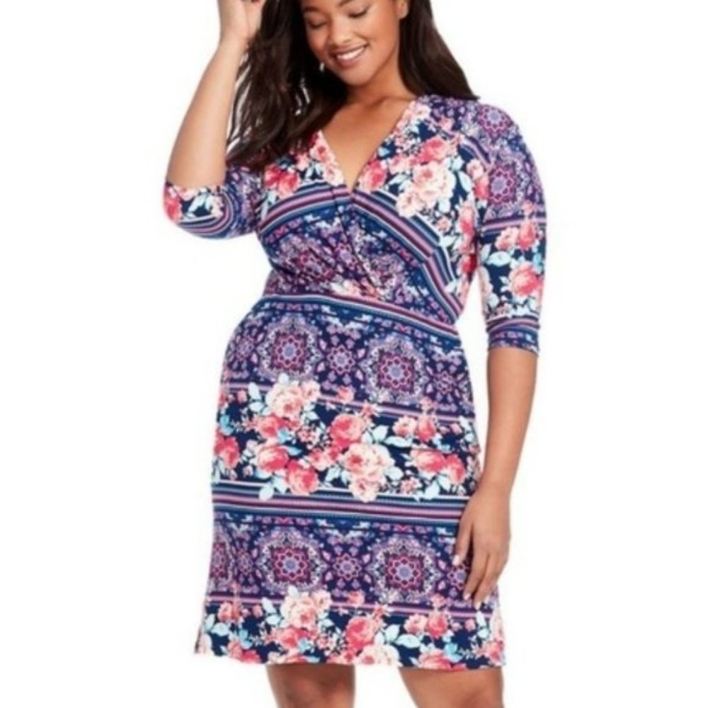 Single floral faux wrap dress with pockets 2X